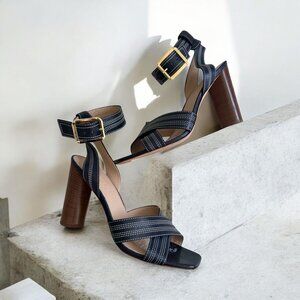 VERONICA BEARD Navy Leather Stacked Ankle Strap Heels Size 8
